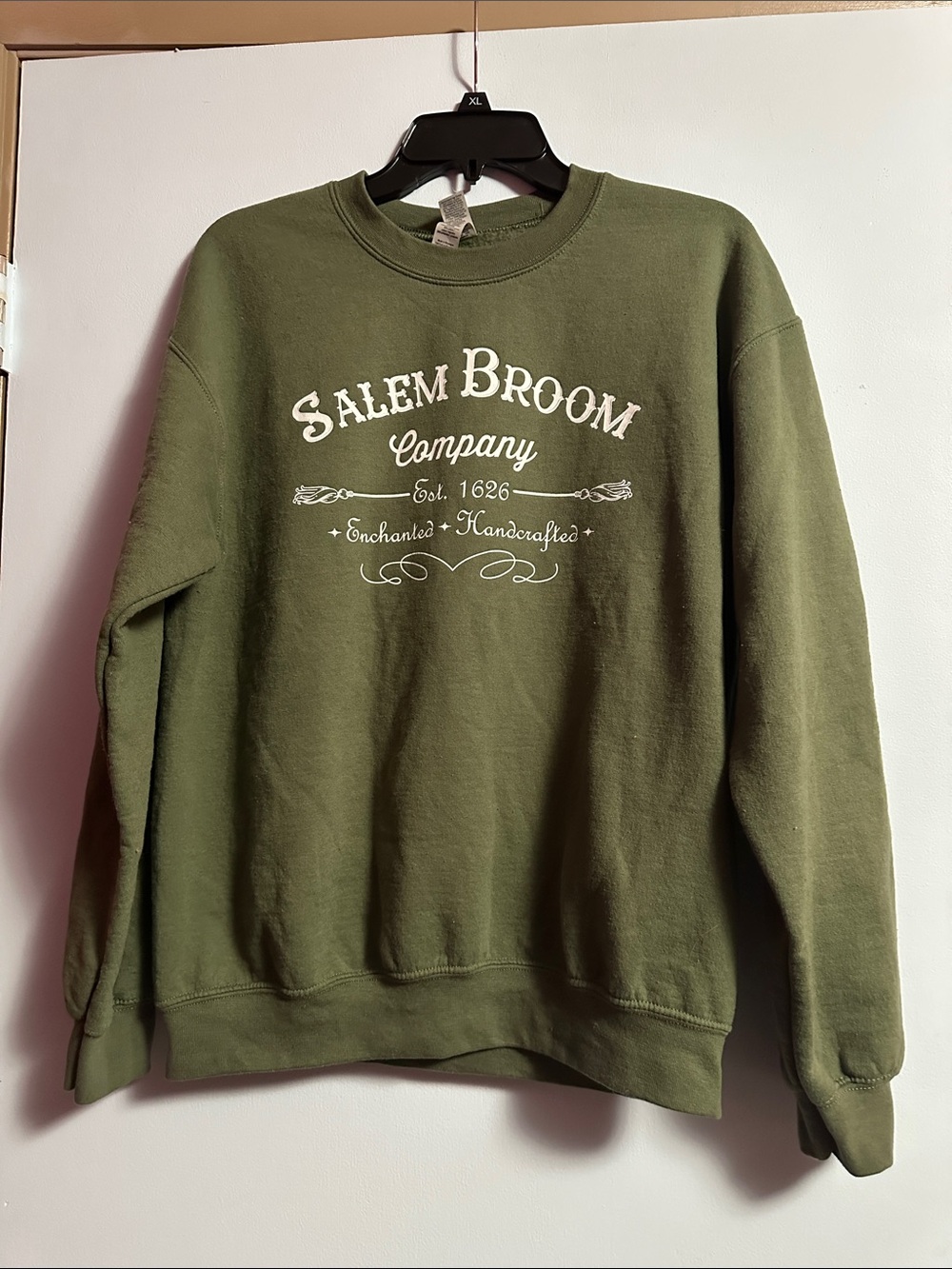 Gildan Olive Green Crewneck Sweatshirt with White Salem Broom Logo